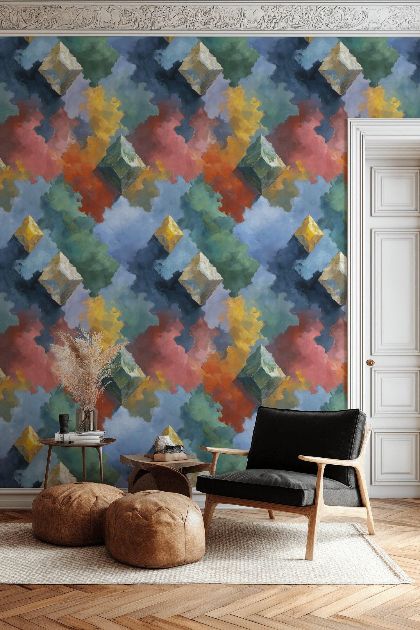 Geometric Cloud Wall Mural: Abstract Peel and Stick Wallpaper