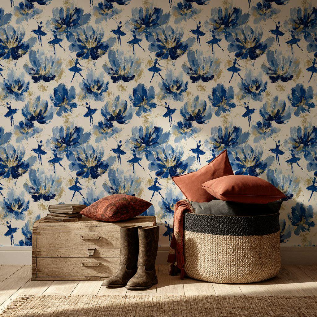 Blue Ballerina Wallpaper, Gold Accented Abstract Floral Mural, Peel & Stick or Unpasted Vertical Panel