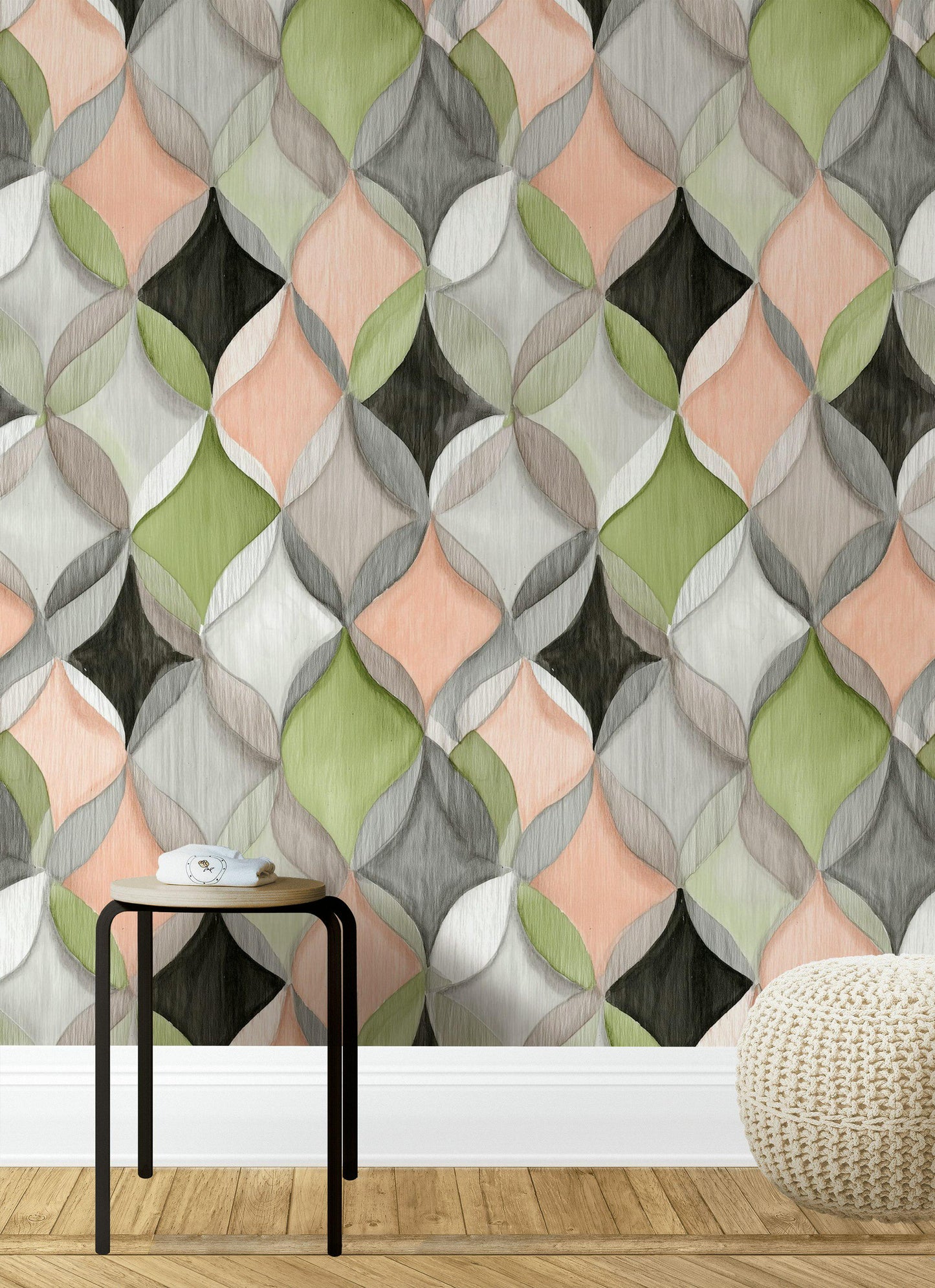 Abstract Geometric Ogee Wallpaper | Modern Interlocking Pattern Wall Mural | Pastel Peel and Stick Decor