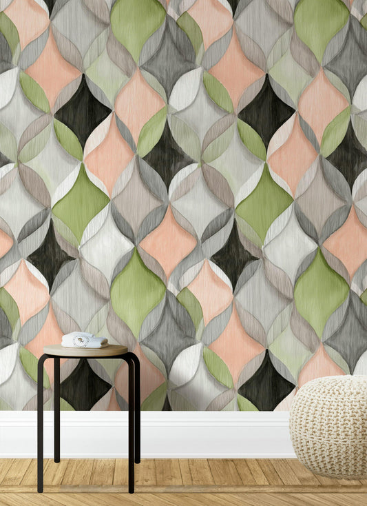 Abstract Geometric Ogee Wallpaper | Modern Interlocking Pattern Wall Mural | Pastel Peel and Stick Decor
