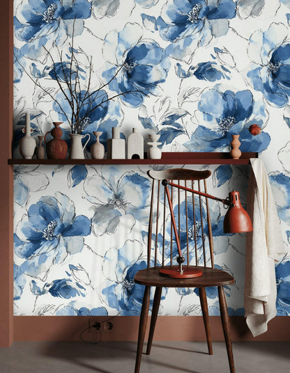 Blue Watercolor Peony Wallpaper: Abstract Floral Peel and Stick Wall Mural