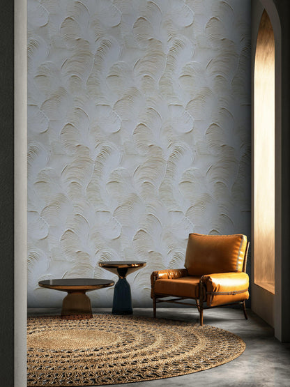 Artisan Faux Stucco Wallpaper, Off-White Fan Texture Peel & Stick Mural, Minimalist Vertical Panel