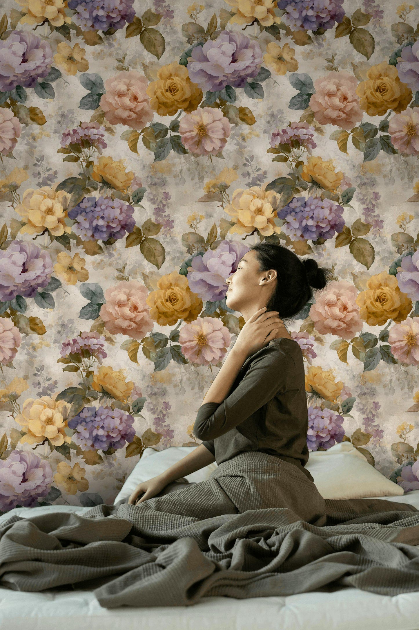 Vintage Floral Wallpaper: Pastel Rose & Peony Shabby Chic Peel and Stick Wall Mural