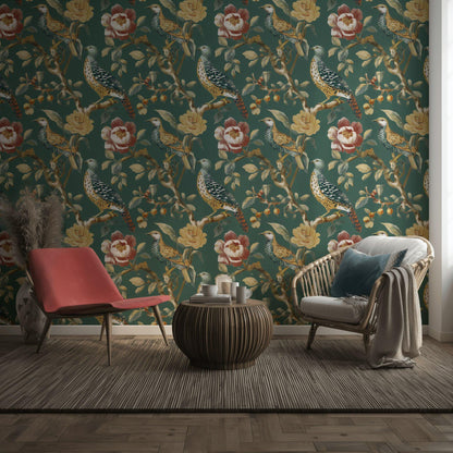 Chinoiserie Bird Wallpaper: Dark Green Floral Peel and Stick Mural