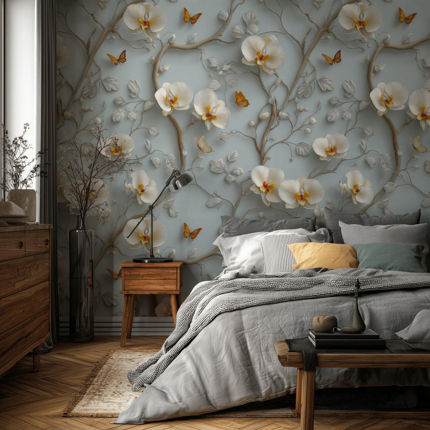 3D Orchid Wallpaper: Blue & White Butterfly Wall Mural - Peel and Stick