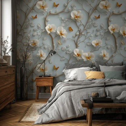 3D Orchid Wallpaper: Blue & White Butterfly Wall Mural - Peel and Stick
