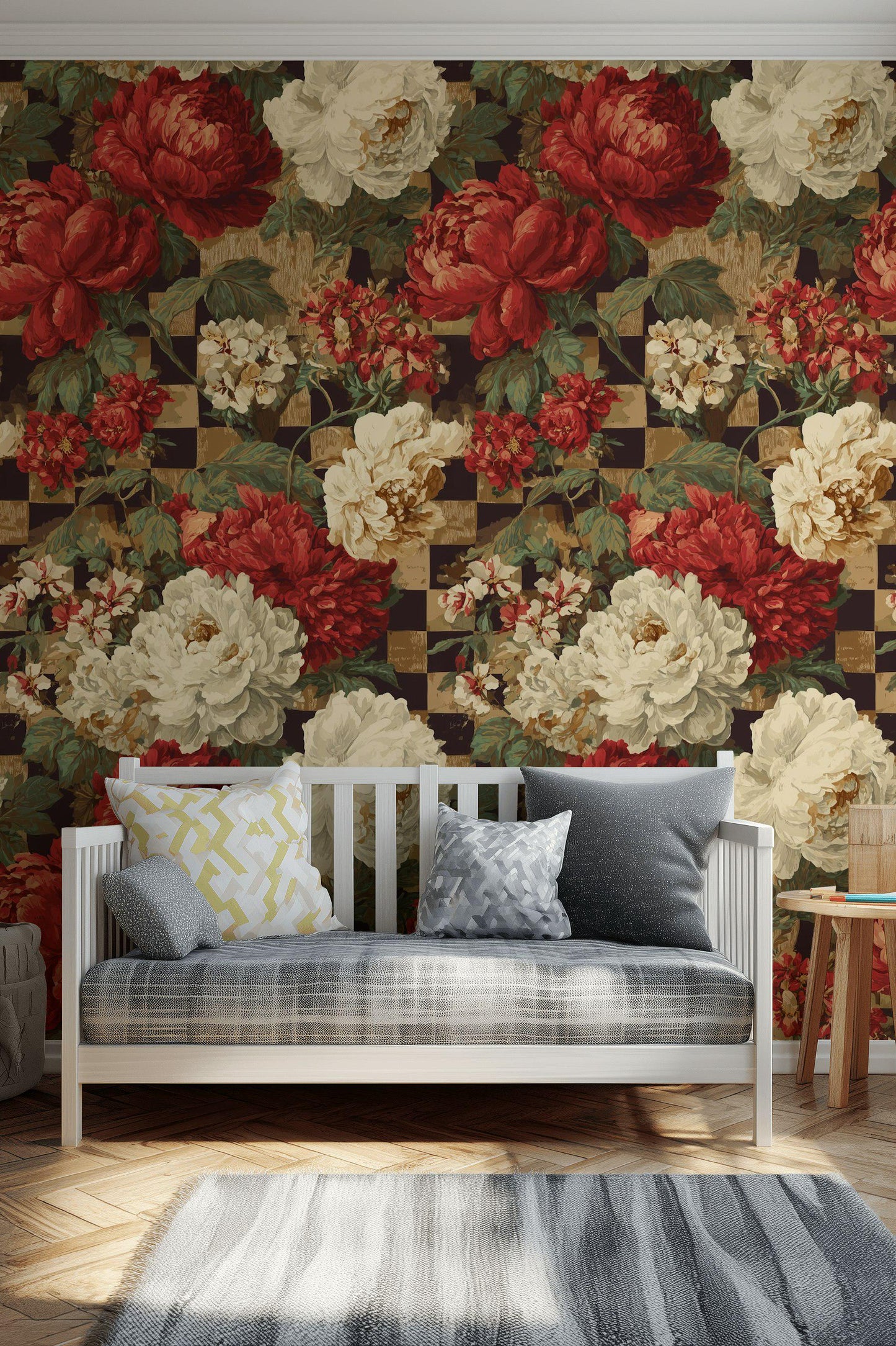 Dark Academia Floral Wallpaper: Vintage Checkered Peel and Stick Mural