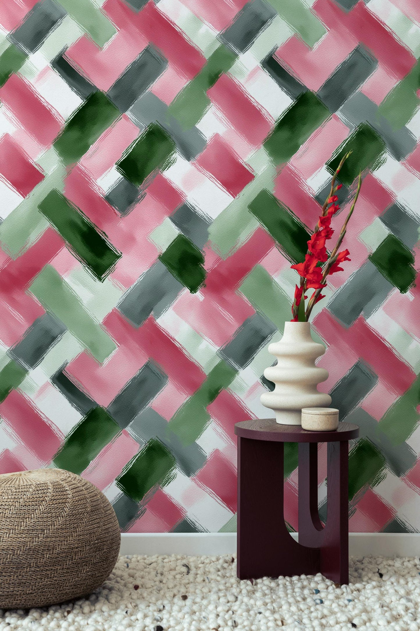 Abstract Brushstroke Wallpaper | Modern Pink Green Wall Mural | Geometric Pattern Peel and Stick Decor