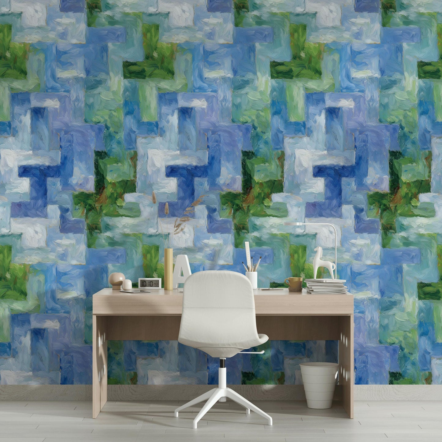 Monet Style Impressionist Mural, Textured Blue Green Block Wallpaper, Vertical Peel & Stick Art Panel