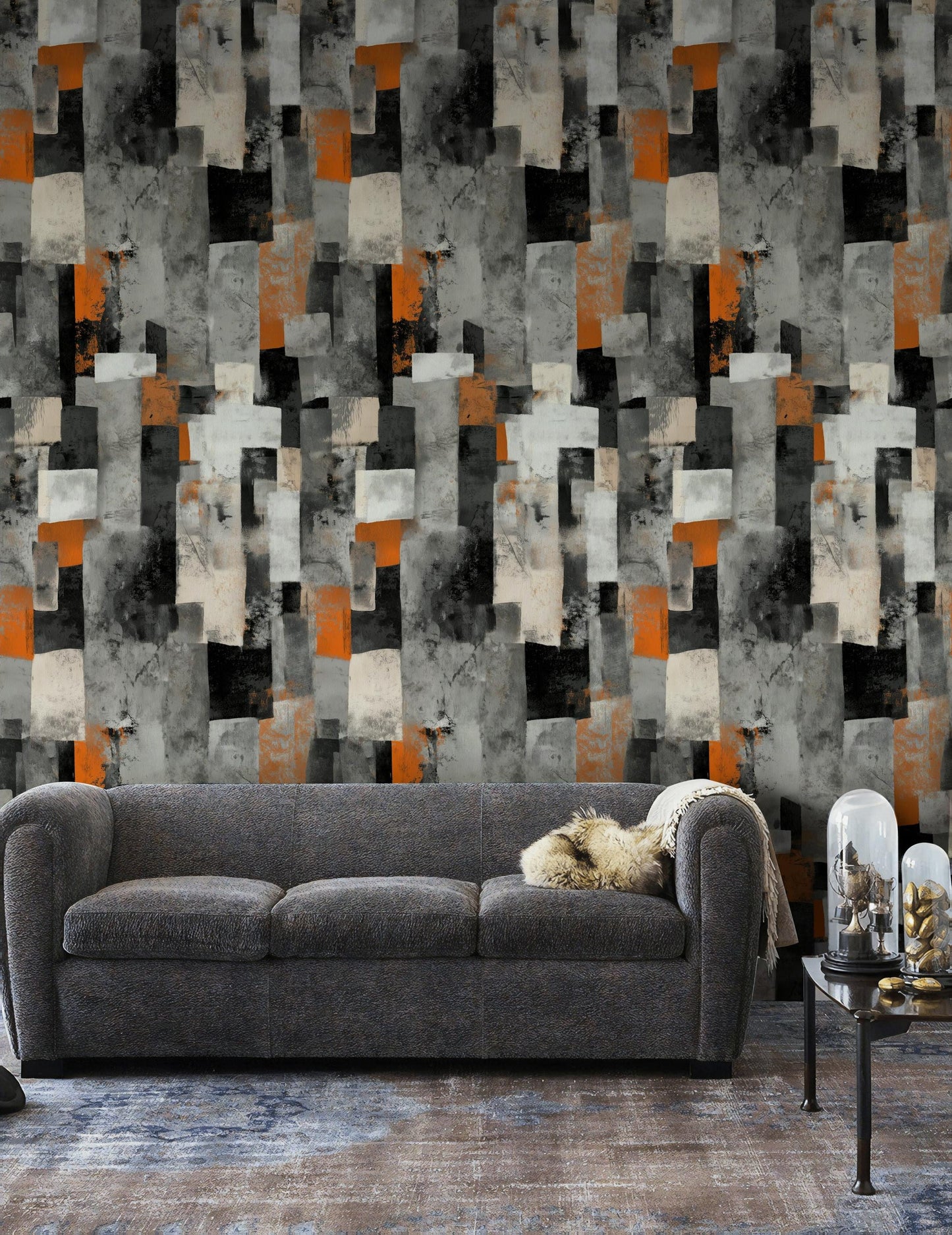 Geometric Block Wallpaper Mural: Orange, Grey, Black Peel and Stick Art