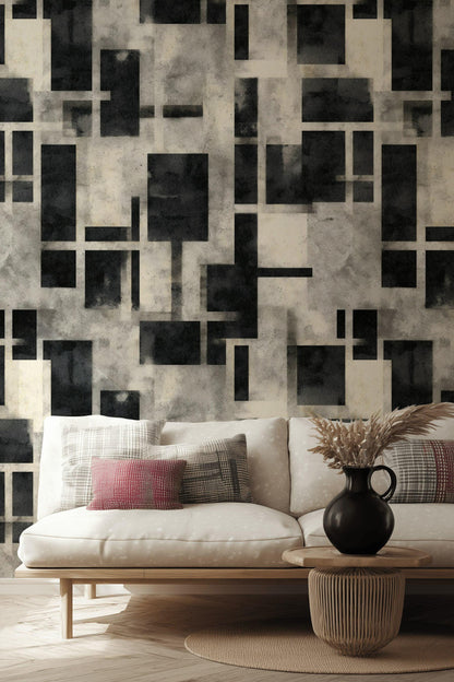 Black and White Geometric Grid Wallpaper Mural: Modern Peel and Stick