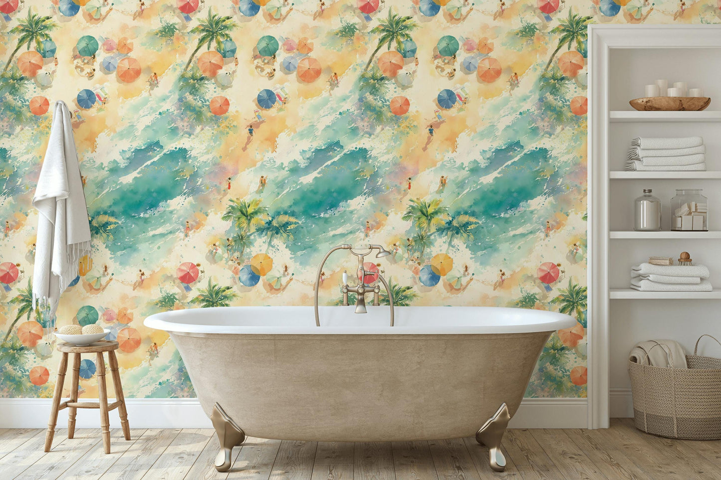 Aerial Beach Scene Wallpaper | Watercolor Coastal Wall Mural | Summer Peel and Stick Decor