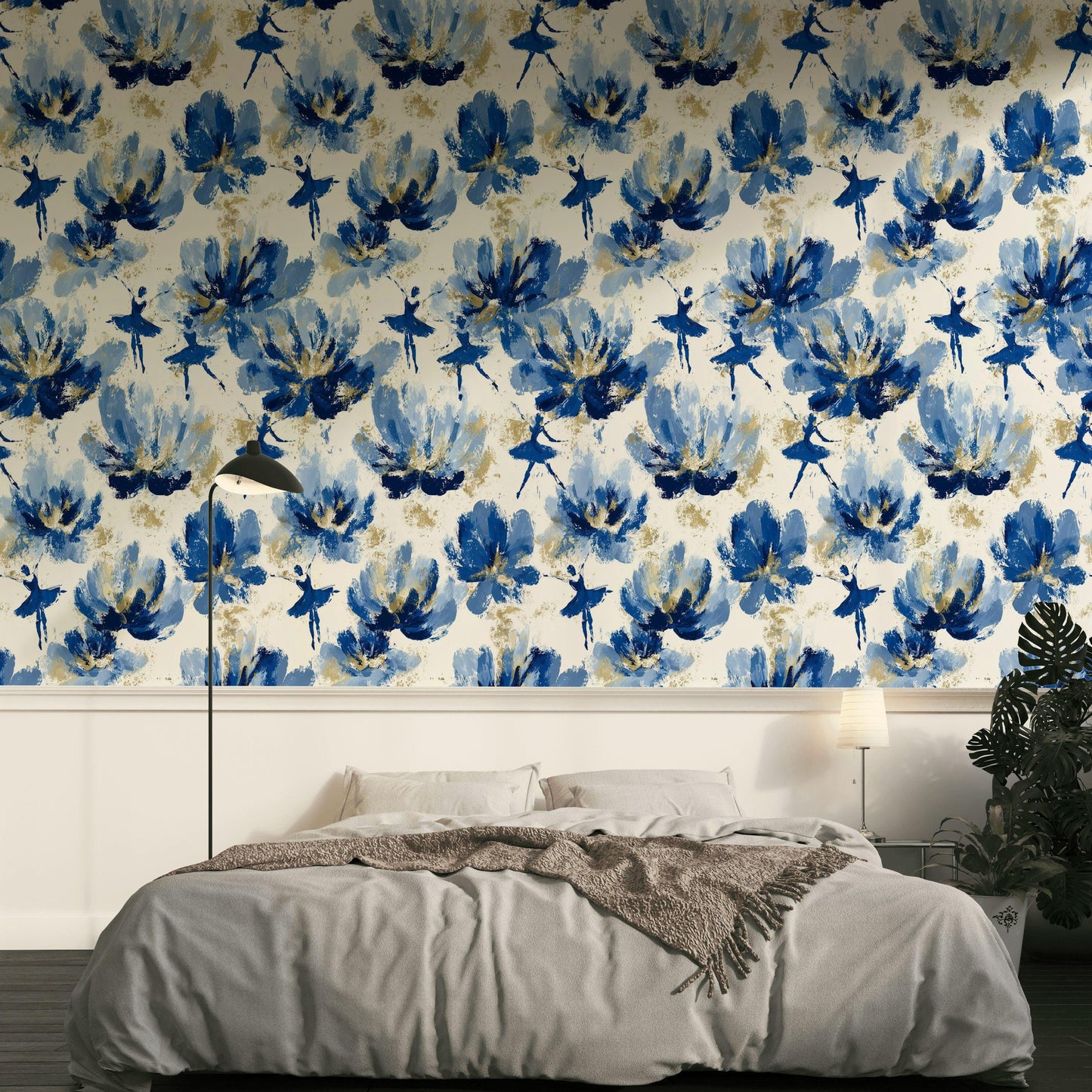 Blue Ballerina Wallpaper, Gold Accented Abstract Floral Mural, Peel & Stick or Unpasted Vertical Panel