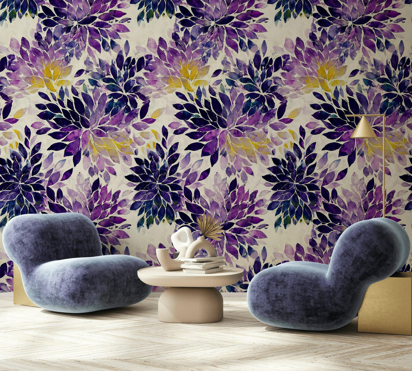 Purple Floral Watercolor Wallpaper: Abstract Peel and Stick Wall Mural