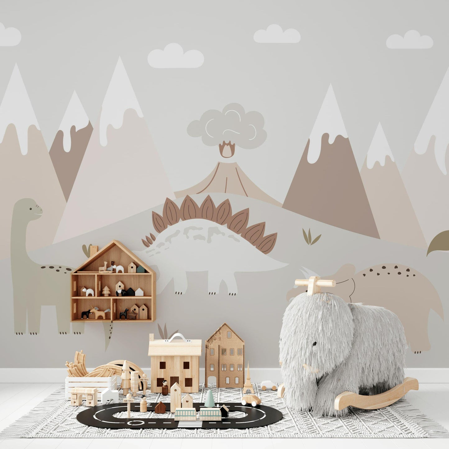 Minimalist Dinosaur Wallpaper, Neutral Dino Wall Mural, Boho Peel and Stick Nursery Decor