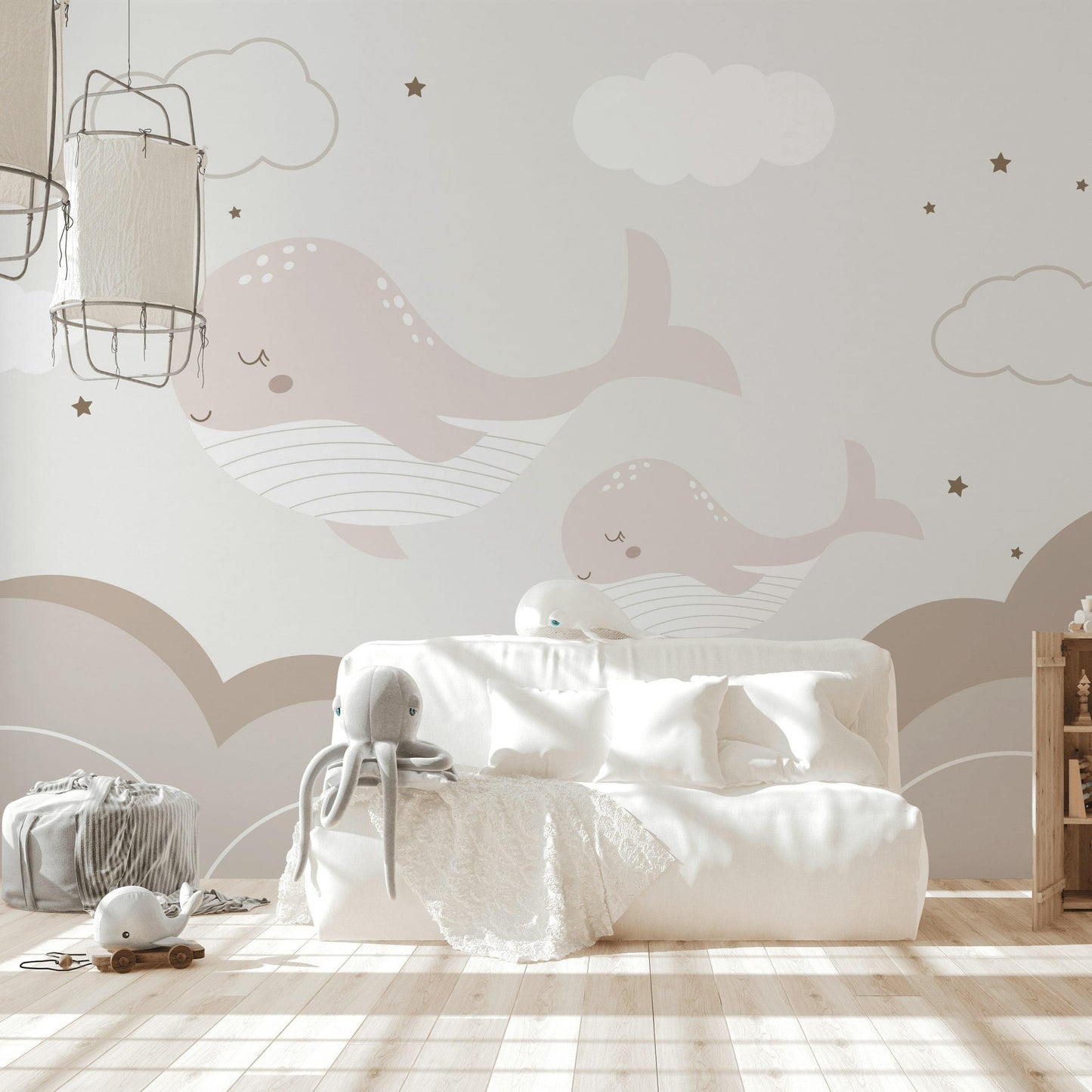 Boho Whale Nursery Wallpaper, Neutral Ocean Wall Mural, Minimalist Peel and Stick Baby Decor