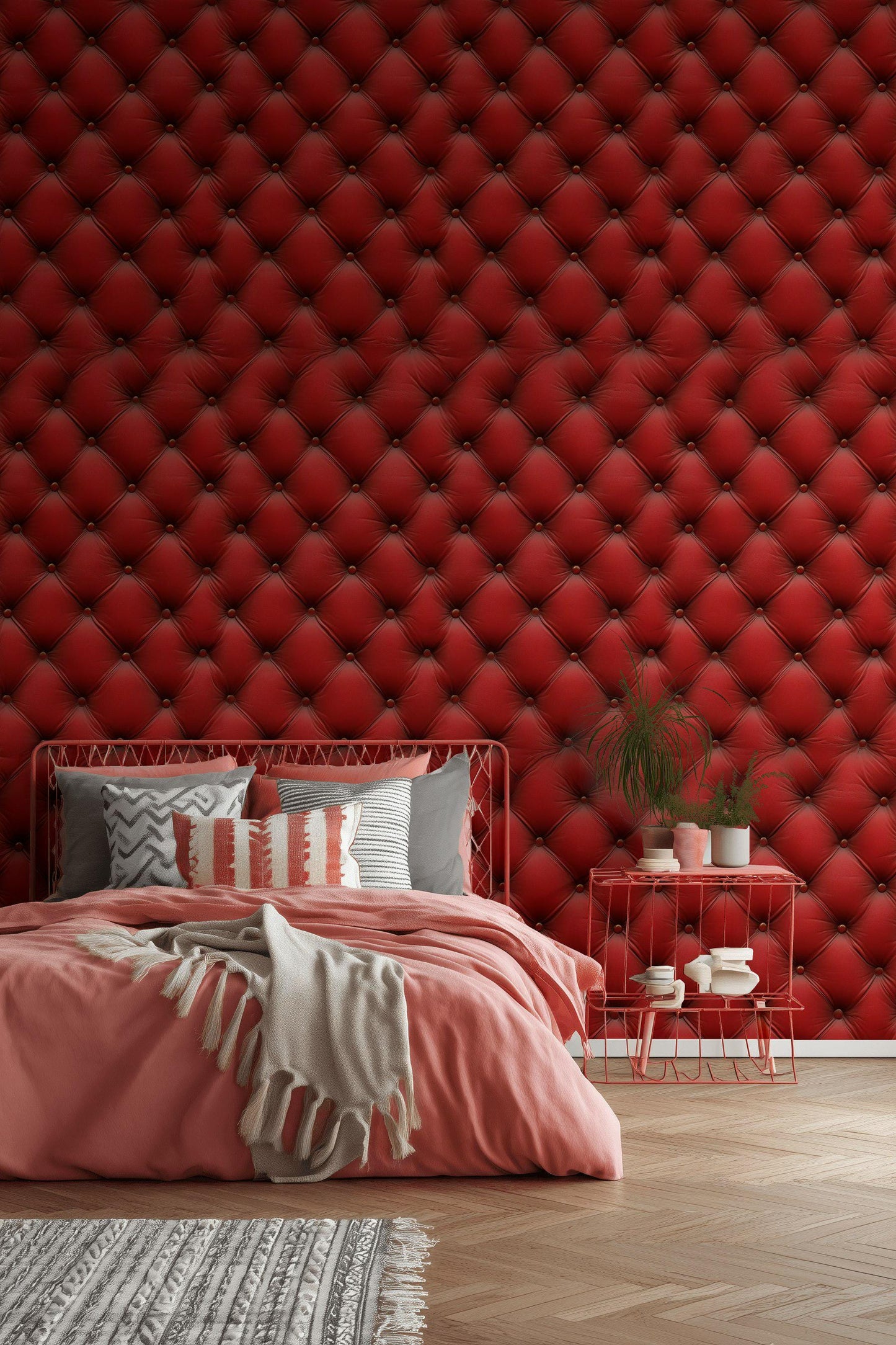 Red Tufted Texture Wallpaper, Chesterfield 3D Effect Vertical Panel, Peel & Stick or Unpasted Mural