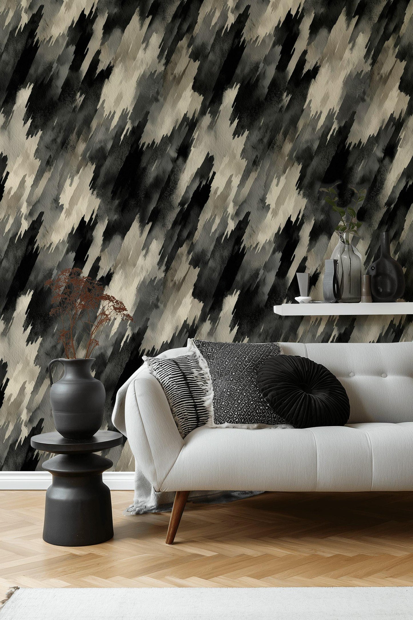 Abstract Diagonal Brushstroke Wallpaper, Black Gray Watercolor Peel & Stick or Unpasted Vertical Wall Mural