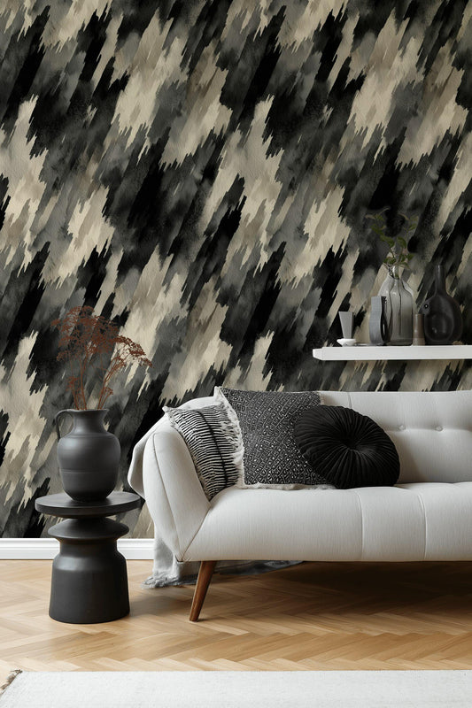 Abstract Diagonal Brushstroke Wallpaper, Black Gray Watercolor Peel & Stick or Unpasted Vertical Wall Mural