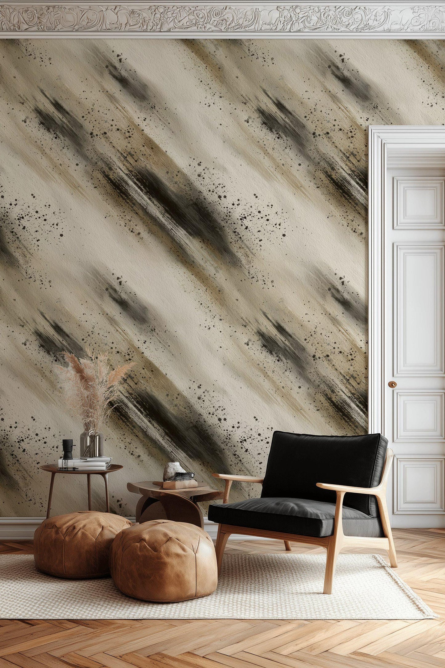 Abstract Brush Stroke Peel and Stick Wallpaper: Neutral Ink Wash Mural