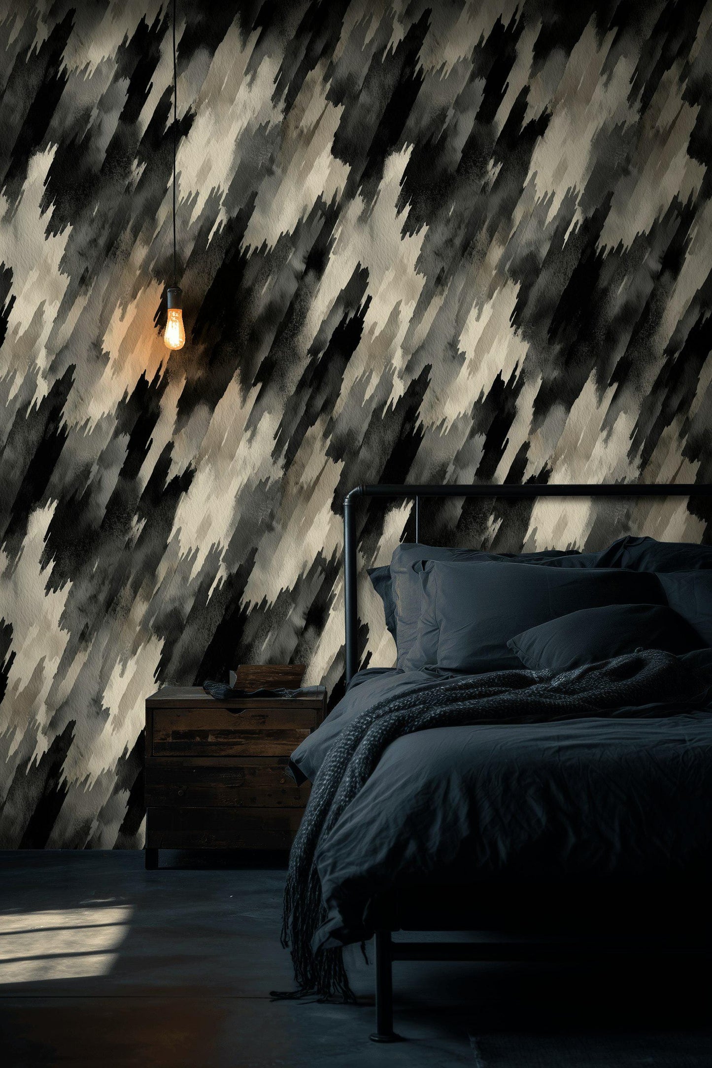 Abstract Diagonal Brushstroke Wallpaper, Black Gray Watercolor Peel & Stick or Unpasted Vertical Wall Mural