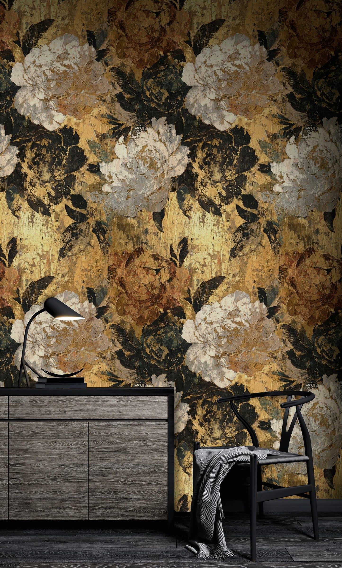 Golden Tones Floral Wallpaper | Textured Impasto Wall Mural | Luxury Botanical Peel and Stick Decor