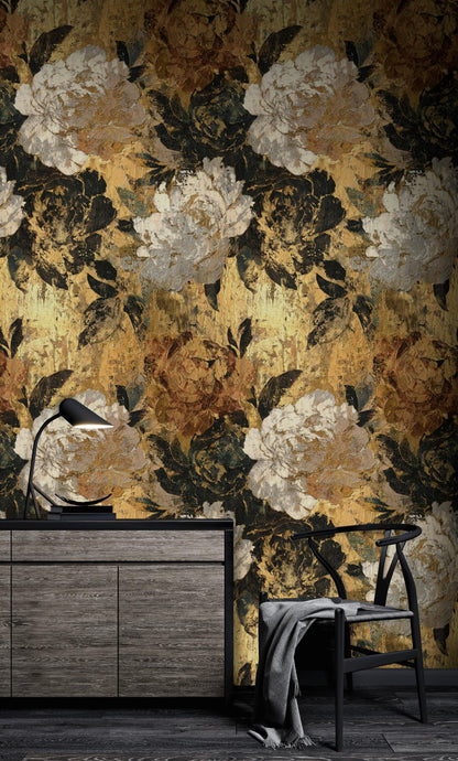 Golden Tones Floral Wallpaper Textured Impasto Wall Mural Luxury Botanical Peel and Stick Decor