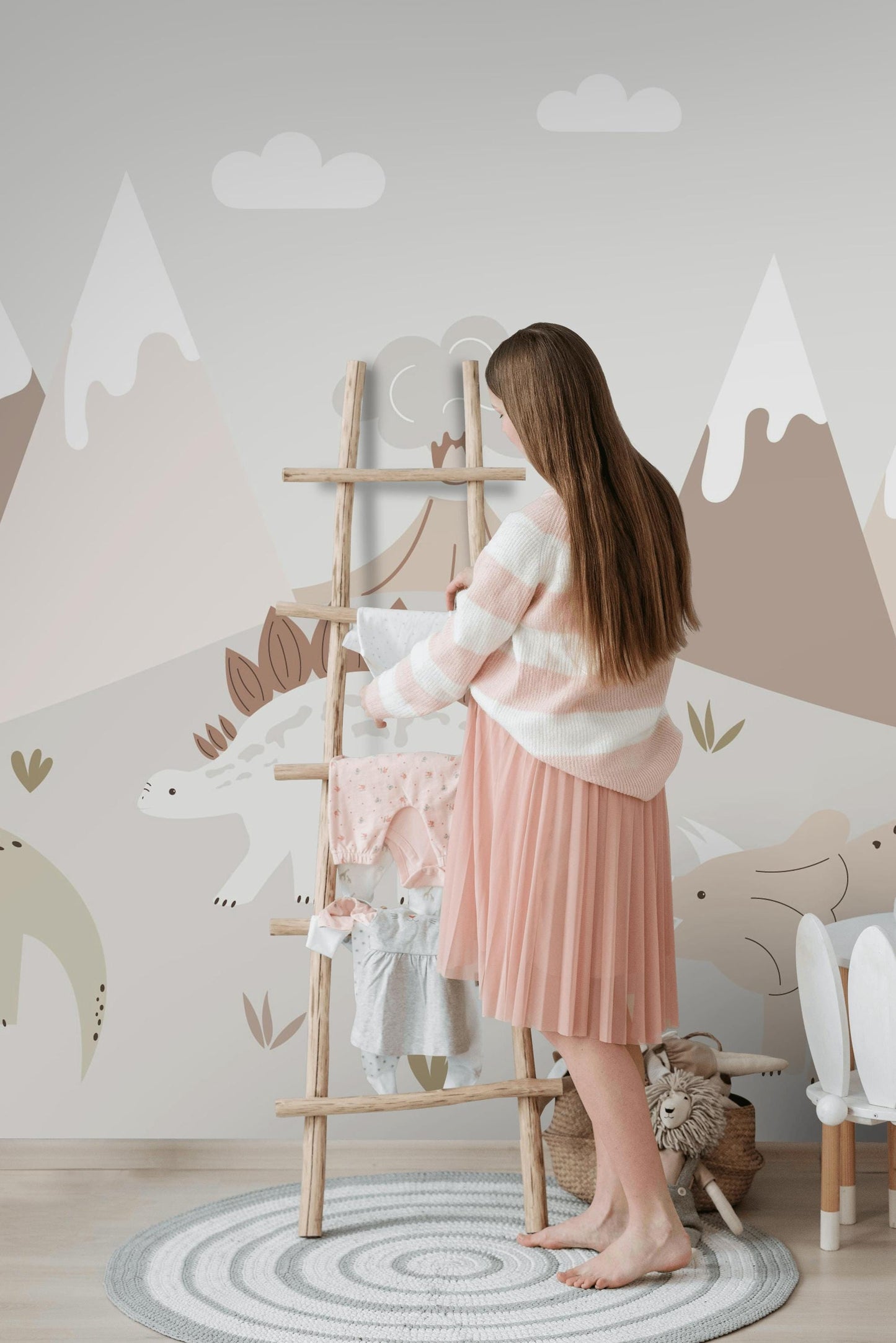 Minimalist Dinosaur Wallpaper, Neutral Dino Wall Mural, Boho Peel and Stick Nursery Decor