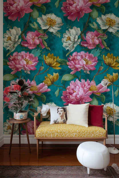Impasto Peony Wallpaper Mural: Turquoise & Pink Floral Peel and Stick Art