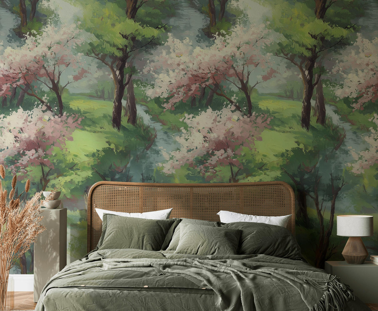 Watercolor Spring Forest Wallpaper: Peel and Stick Green Landscape Wall Mural