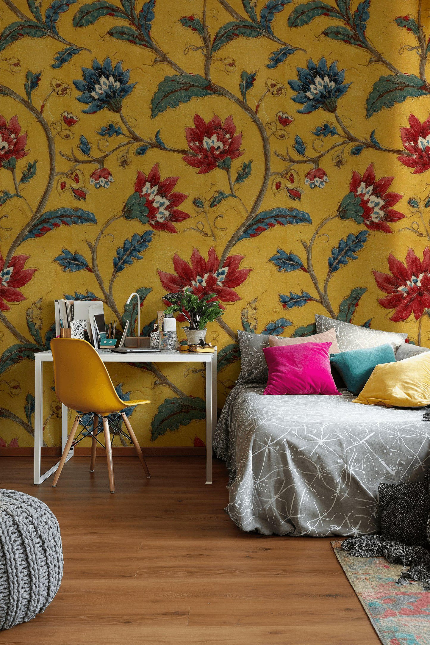 Vintage Floral Wallpaper Mural: Yellow, Red & Blue Botanical Peel and Stick