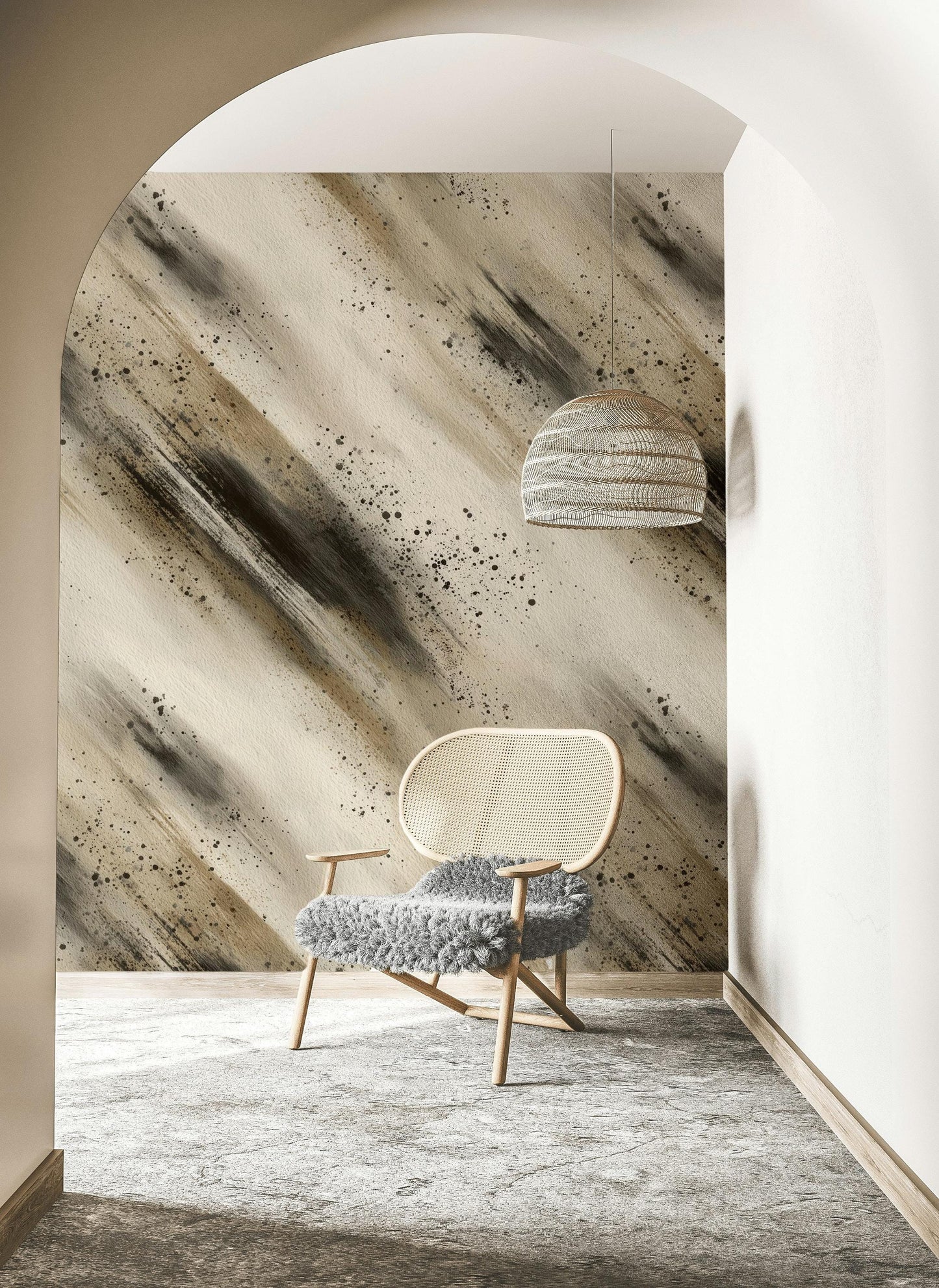 Abstract Brush Stroke Peel and Stick Wallpaper: Neutral Ink Wash Mural