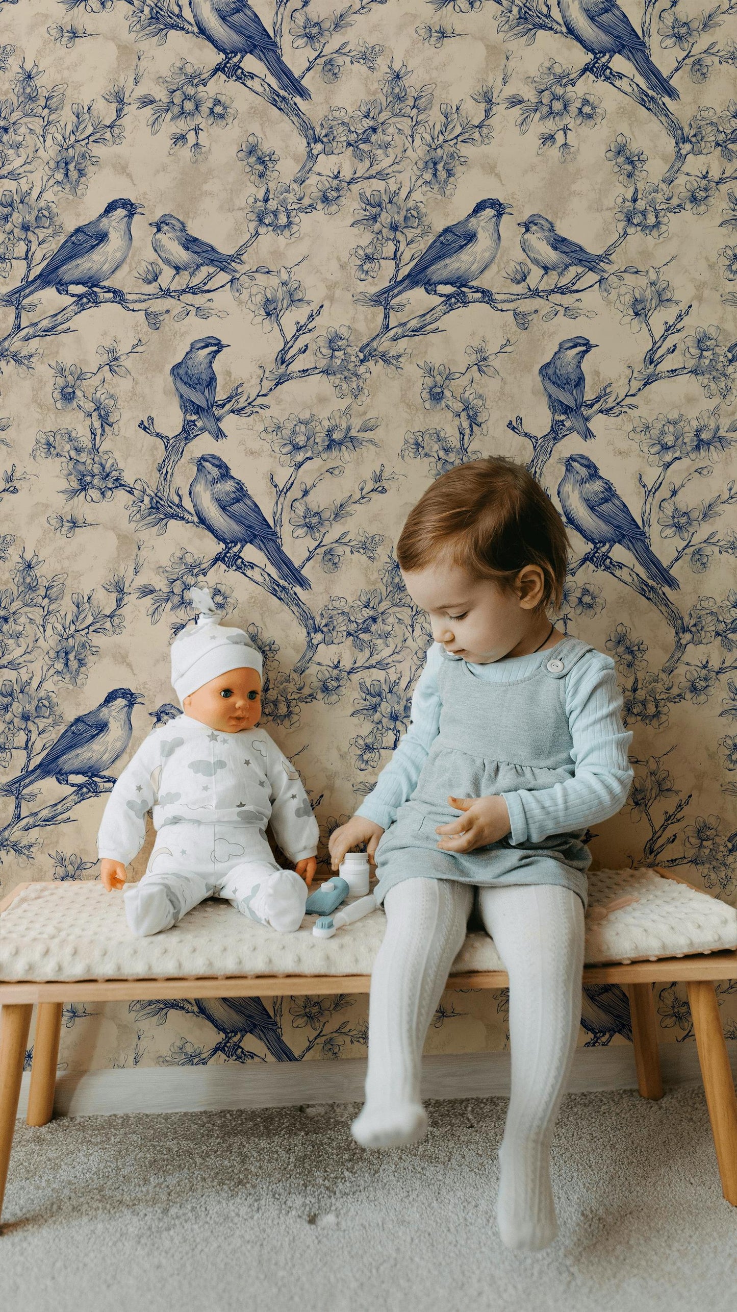 Chinoiserie Bird & Branch Wallpaper | Toile Style Wall Mural | Blue Botanical Peel and Stick Decor