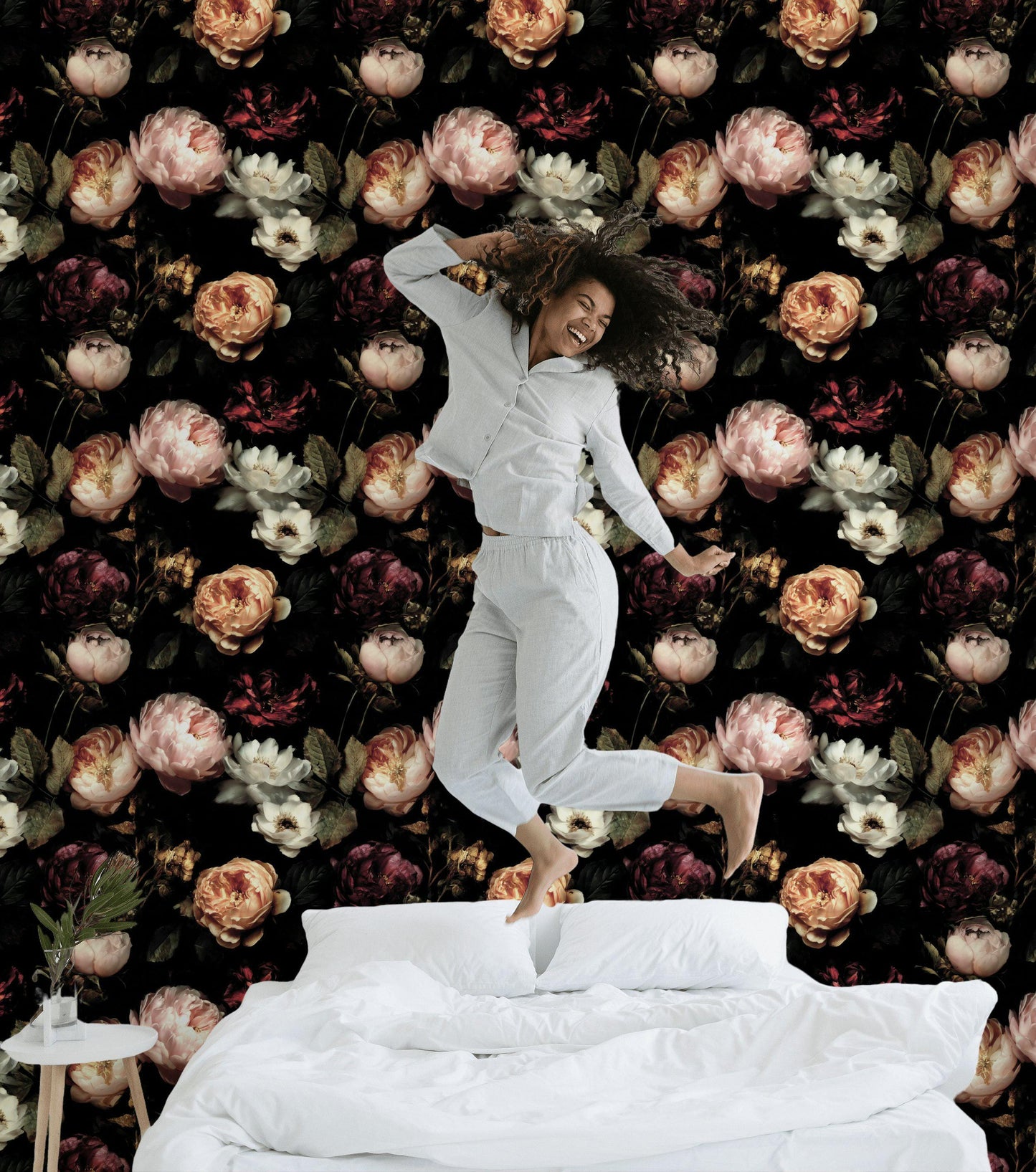 Dark Floral Wallpaper, Gothic Peony Rose Vertical Mural, Black Background Peel & Stick or Unpasted Panel