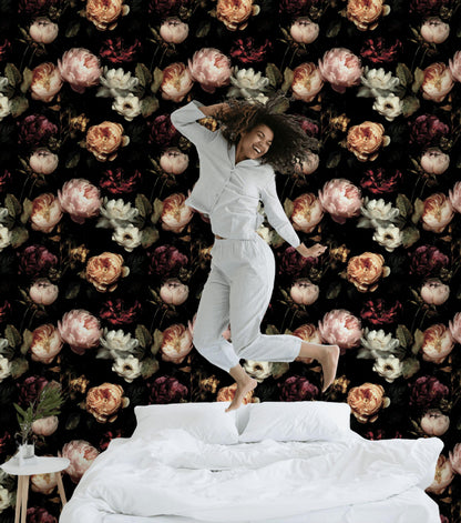 Dark Floral Wallpaper, Gothic Peony Rose Mural, Peel & Stick or Unpasted