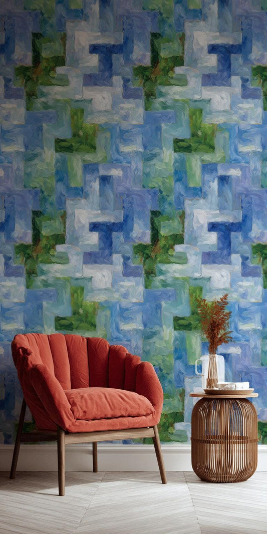 Monet Style Impressionist Mural, Textured Blue Green Block Wallpaper, Vertical Peel & Stick Art Panel