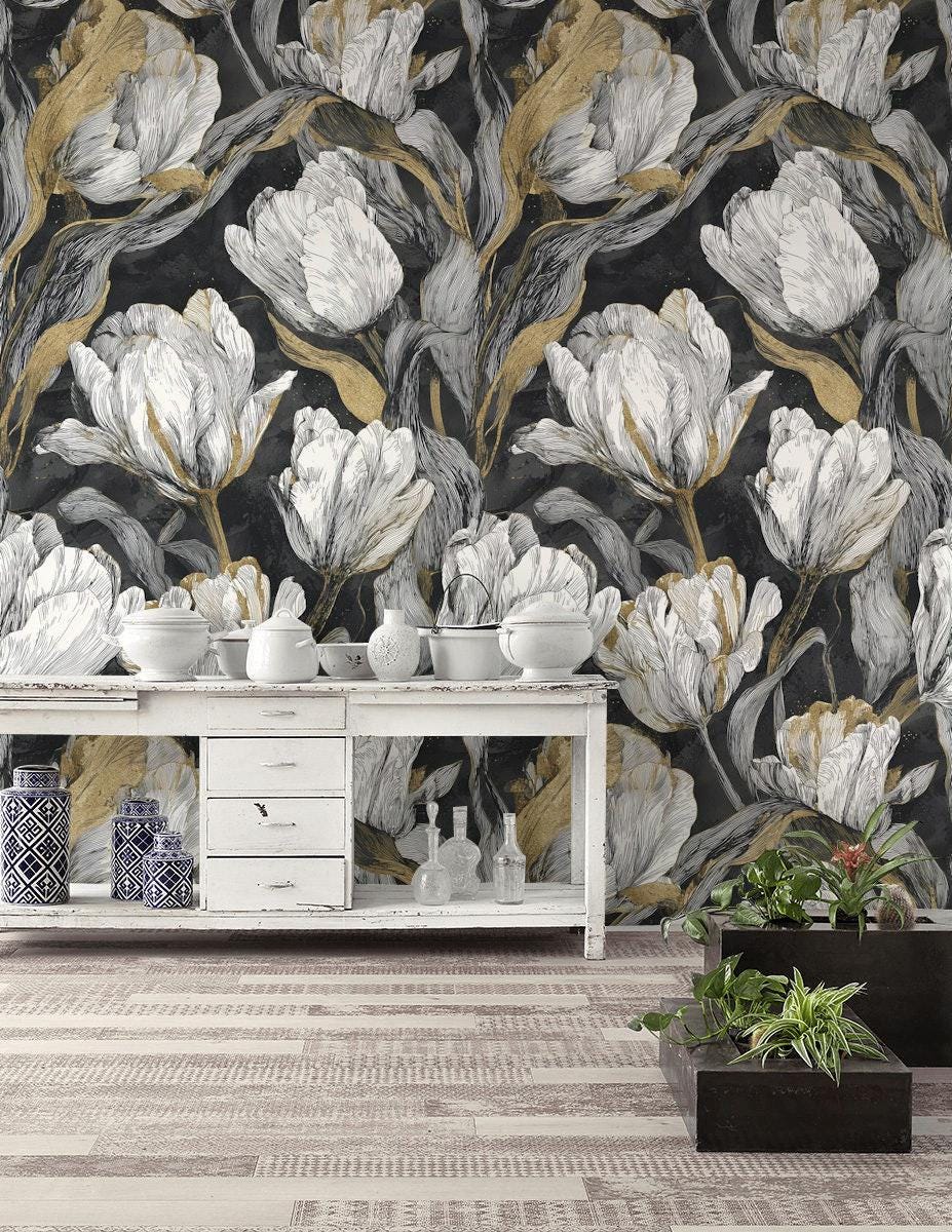 Luxury Gold Tulip Wallpaper | Dark Floral Wall Mural | Modern Botanical Peel and Stick Decor