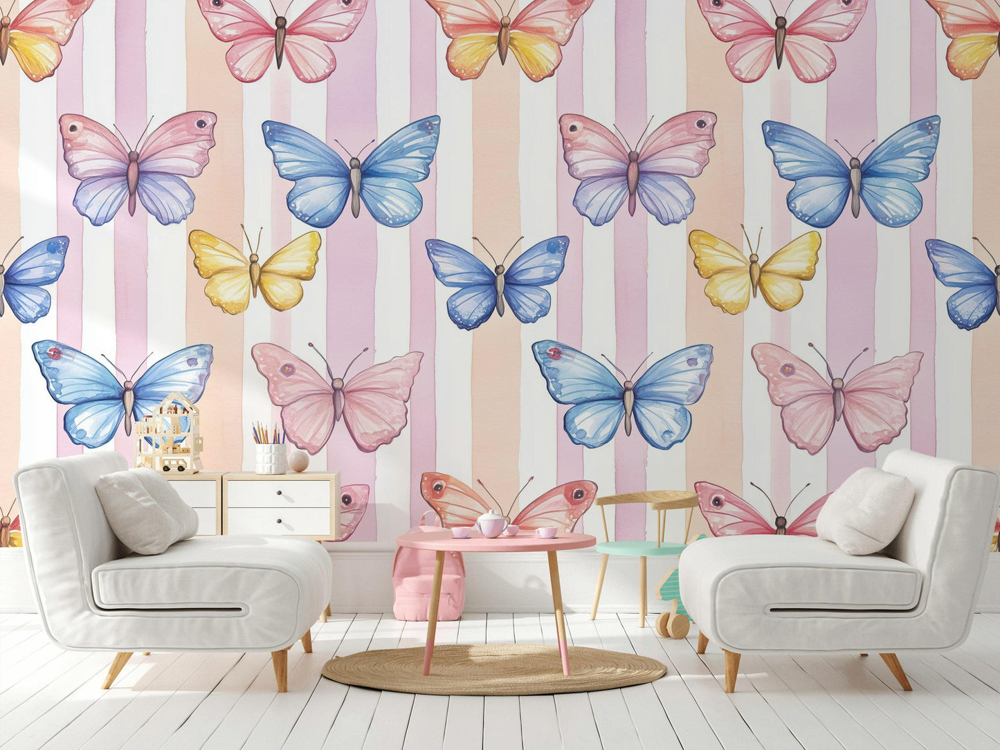 Watercolor Butterfly Wallpaper: Pastel Striped Peel and Stick Nursery Decor