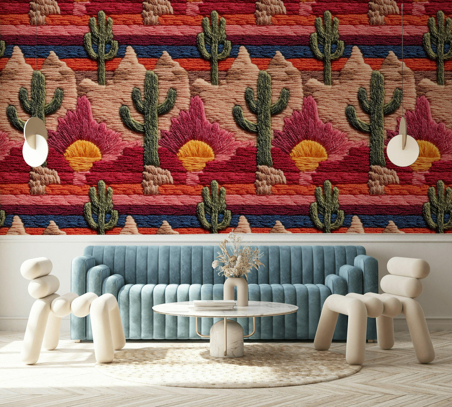 Embroidered Desert Landscape Wallpaper | Southwestern Wall Mural | Boho Peel and Stick Decor
