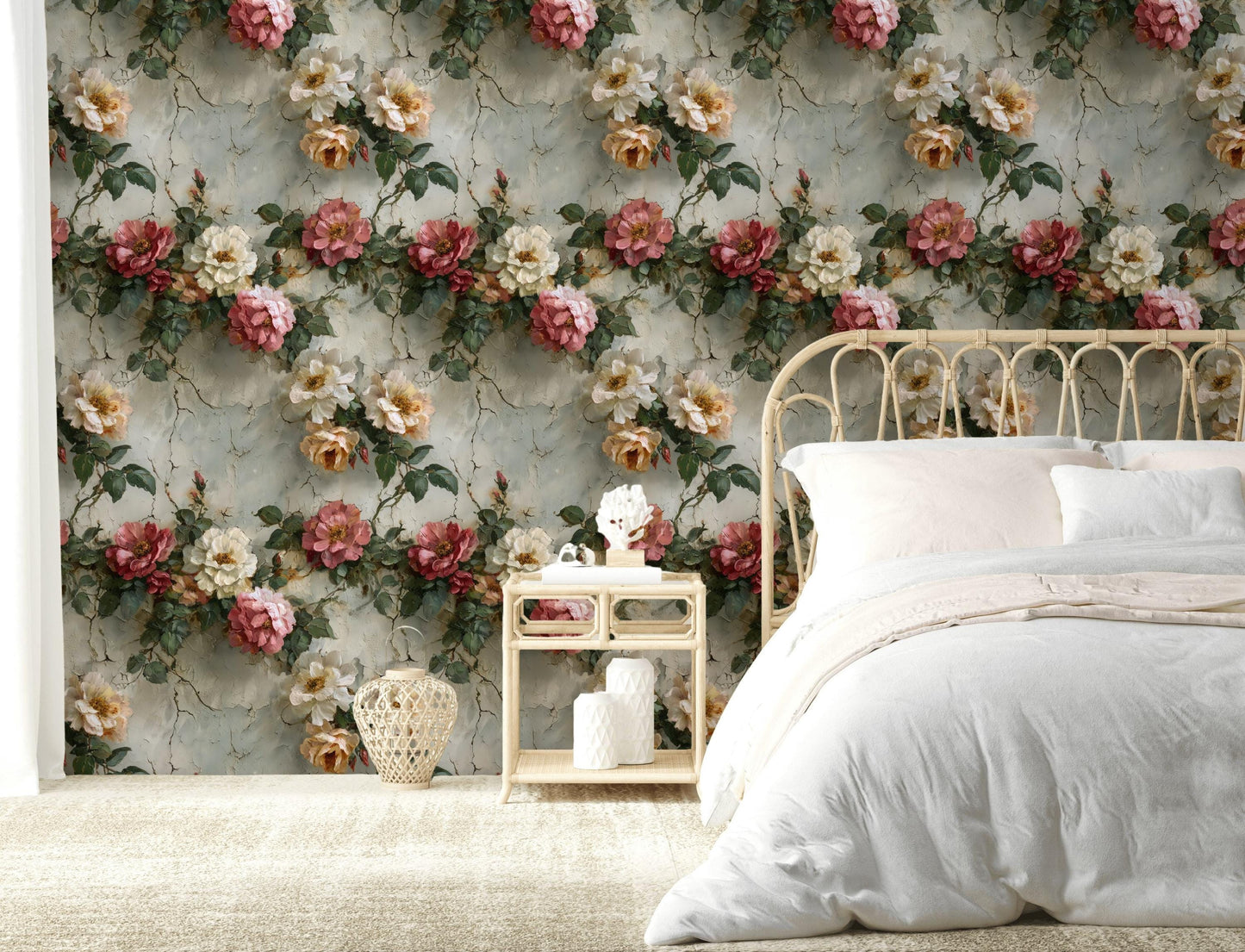 Rose Mural Wallpaper: Shabby Chic Crackle Effect (Peel & Stick)
