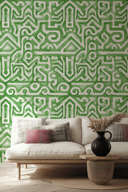 Watercolor Abstract Wallpaper, Green Labyrinth Geometric Wall Mural, Modern Peel and Stick Wall Decor