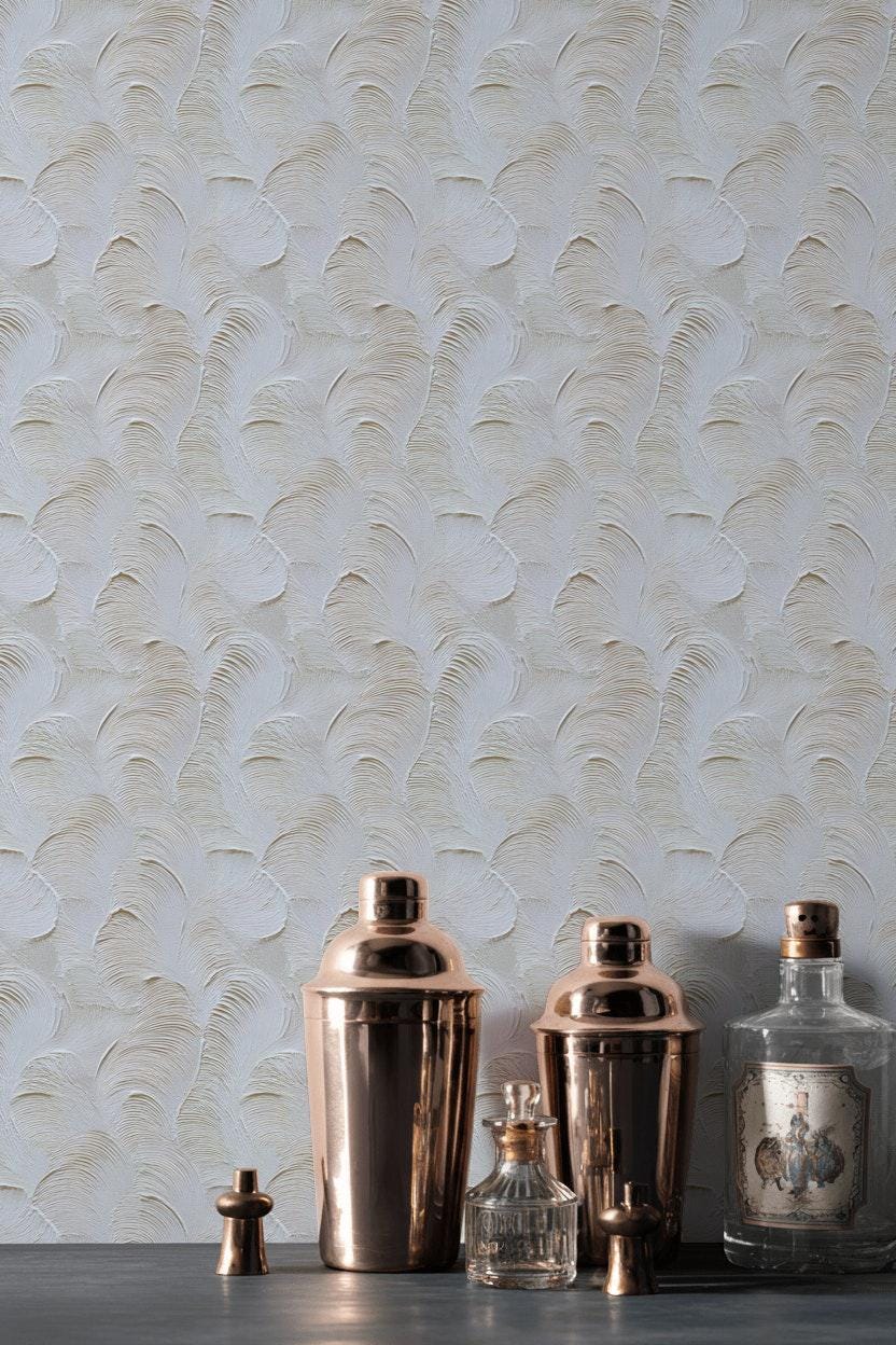 Artisan Faux Stucco Wallpaper, Off-White Fan Texture Peel & Stick Mural, Minimalist Vertical Panel