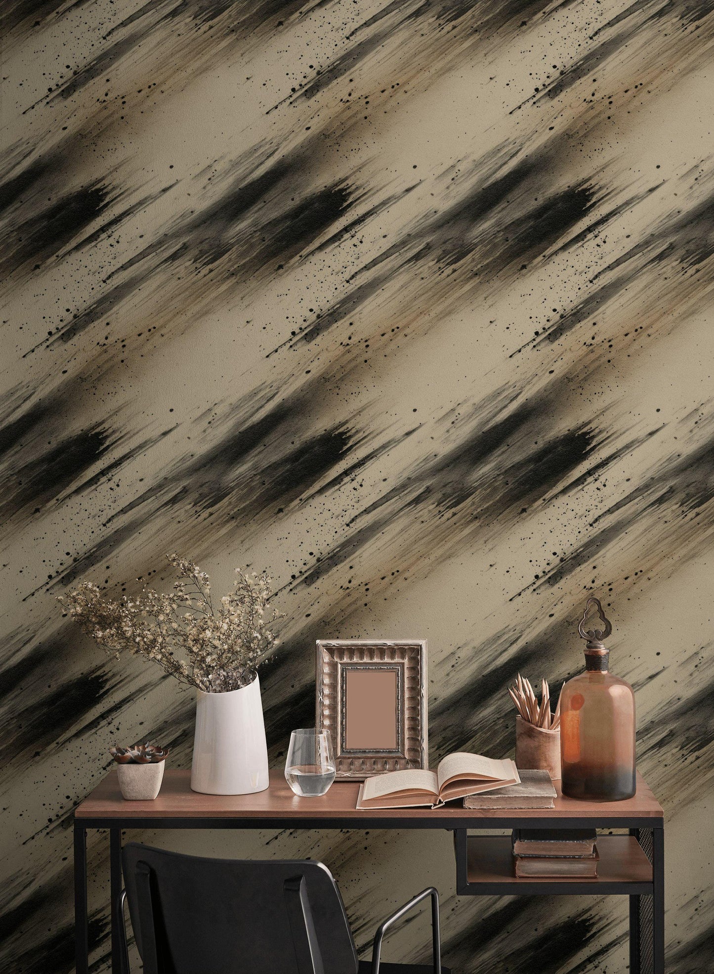 Abstract Ink Splatter Wallpaper: Black Beige Brushstrokes, Peel & Stick Mural