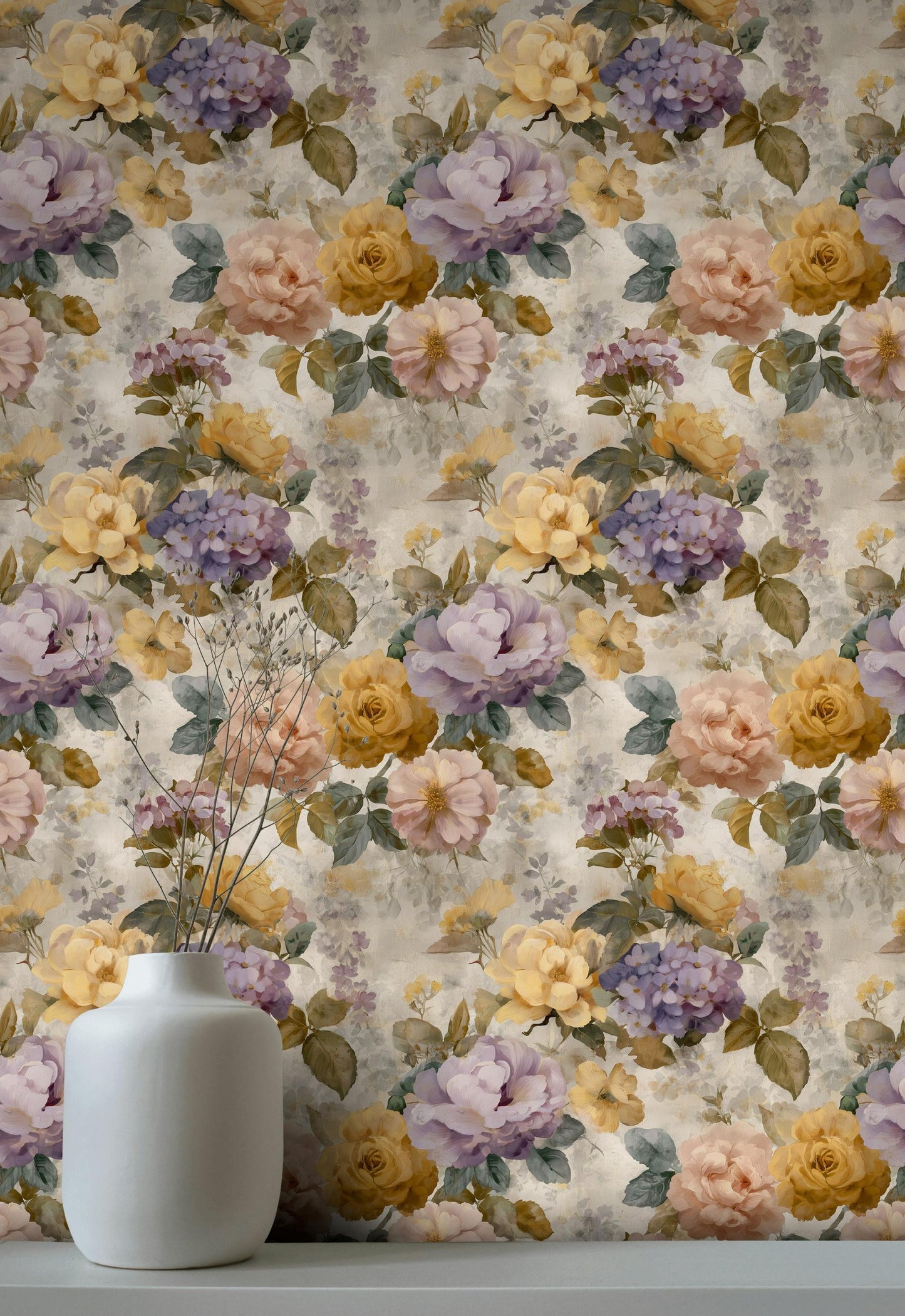 Vintage Floral Wallpaper: Pastel Rose & Peony Shabby Chic Peel and Stick Wall Mural