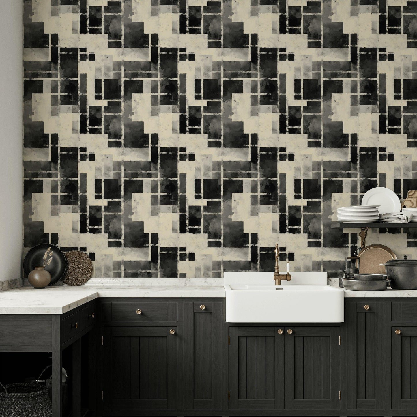 Monochrome Bauhaus Wallpaper: Abstract Watercolor Grid, Peel & Stick Mural