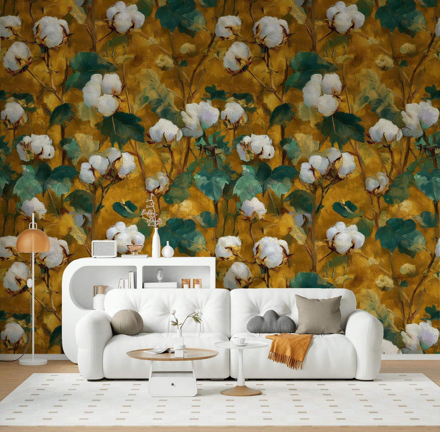 Rustic Cotton Plant Wallpaper | Farmhouse Botanical Wall Mural | Yellow Peel and Stick Decor