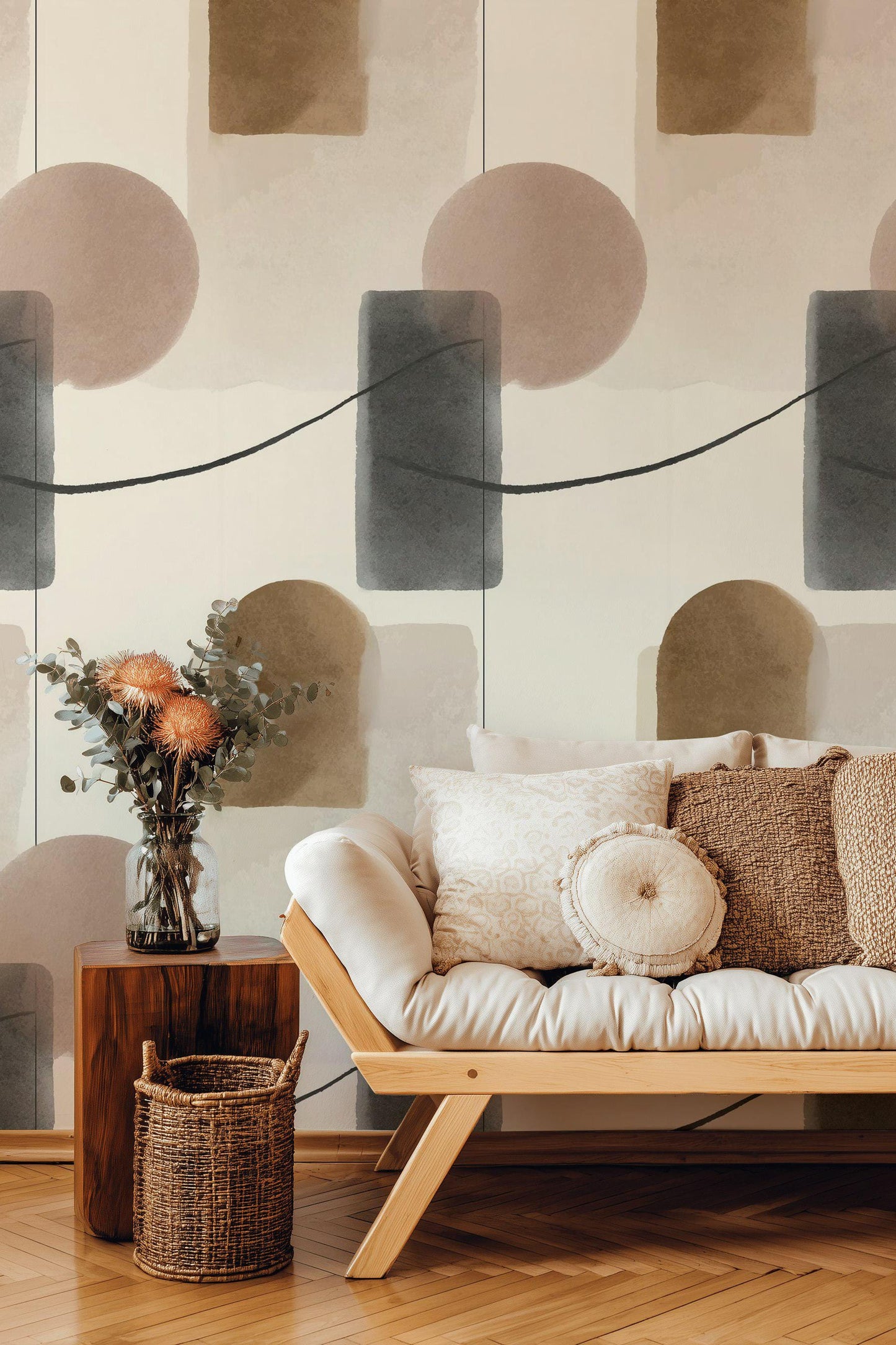 Abstract Geometric Wallpaper, Minimalist Wall Mural, Neutral Tones Peel and Stick Decor