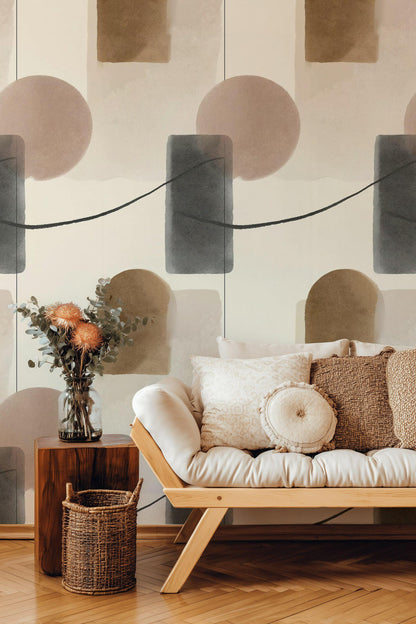 Abstract Geometric Wallpaper, Minimalist Wall Mural, Neutral Tones Peel and Stick Decor