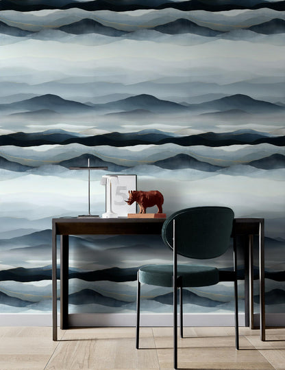 Blue Gray Mountain Wallpaper Mural: Gold Line Peel and Stick
