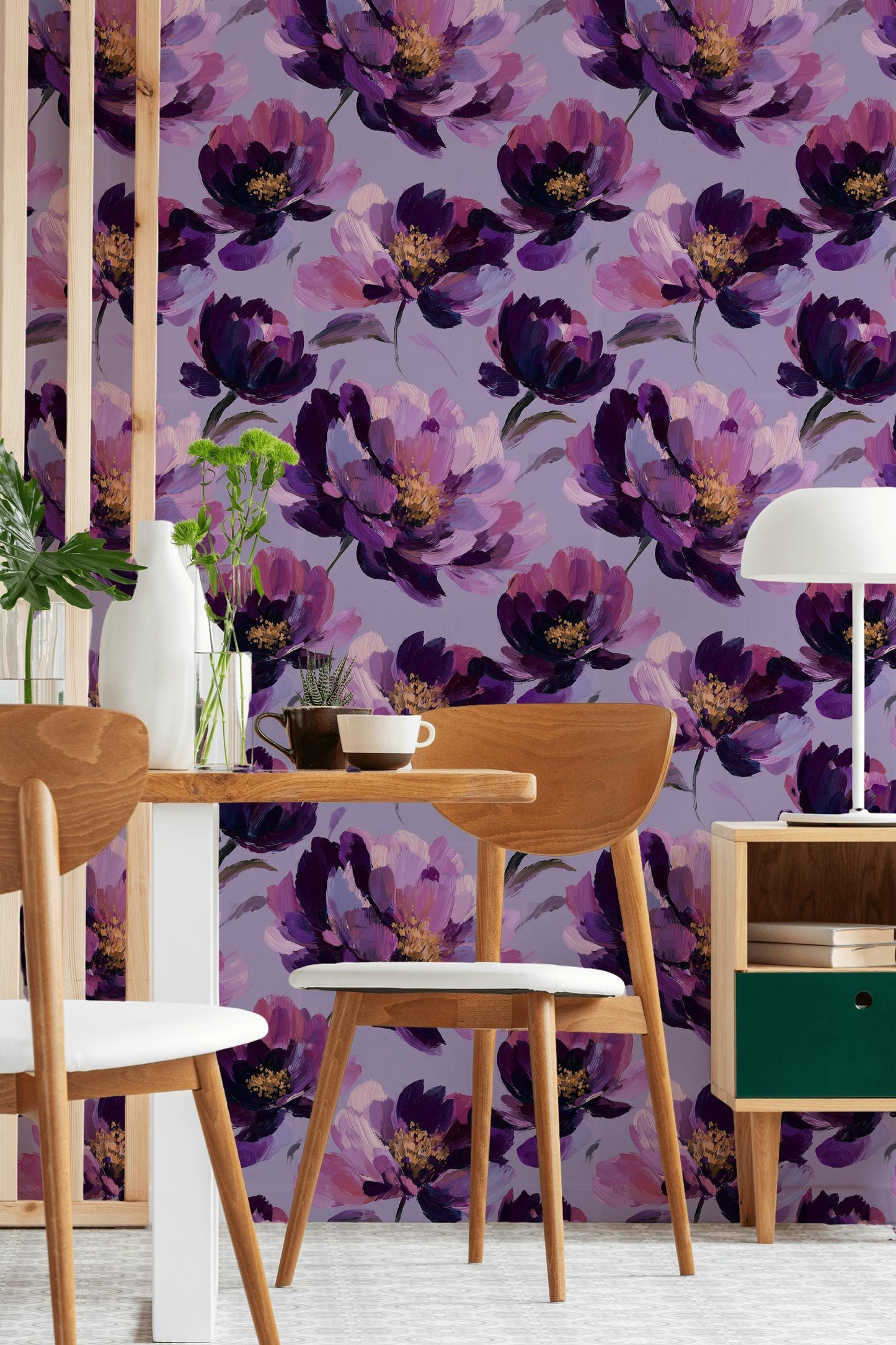 Purple Floral Wallpaper, Abstract Oil Paint Wall Mural, Bold Magenta Peel and Stick Decor